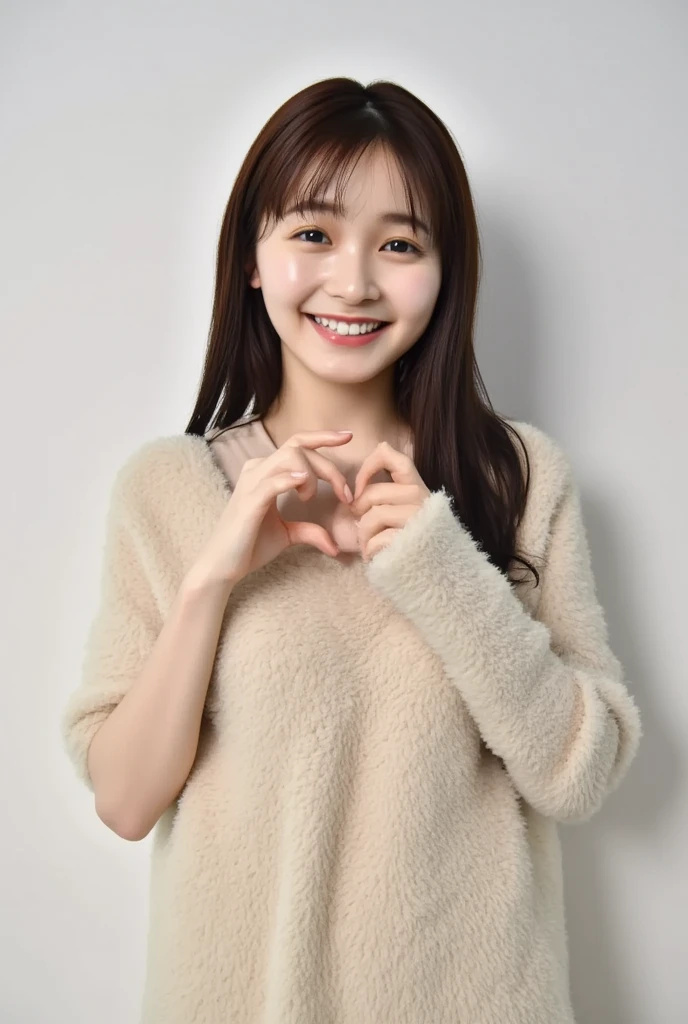 Only one woman with a cute smile wears cute, fluffy off-shoulder pajamas, makes a big heart shape with both hands, and poses them in front of her chest, View above collarbone、The background is a monotone 

