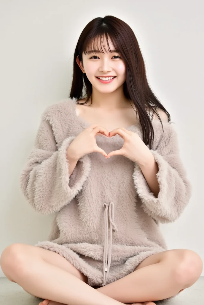 Only one woman with a cute smile wears cute, fluffy off-shoulder pajamas, makes a big heart shape with both hands, and poses them in front of her chest, View above collarbone、The background is a monotone 

