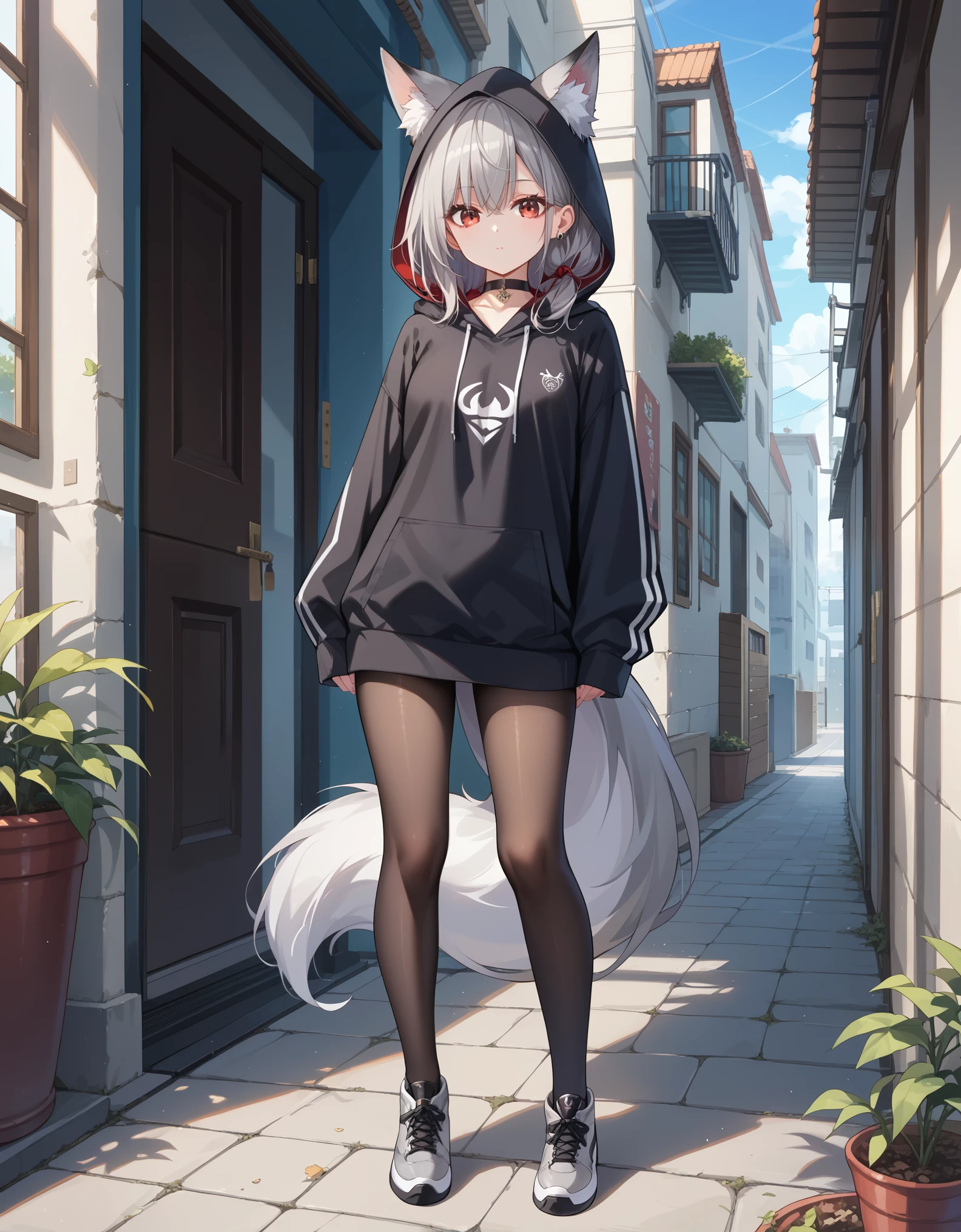 1girl, :o, animal_ears, black_choker, black_pantyhose, choker, expressionless, extra_ears, fox_ears, fox_girl, fox_tail, full_body, grey_footwear, grey_hair, grey_hoodie, hood, hood_down, hoodie, long_sleeves, looking_at_viewer, pantyhose, red_eyes, sleeves_past_wrists, standing, tail,