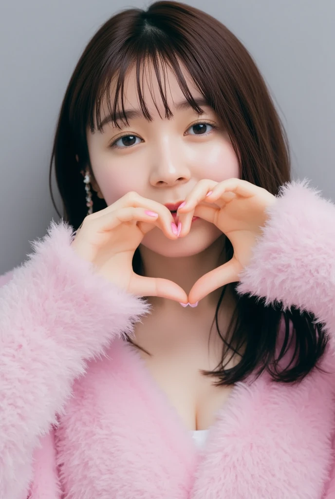 Only one woman with a cute smile wears cute, fluffy off-shoulder pajamas, makes a big heart shape with both hands, and poses them in front of her chest, View above collarbone、The background is a monotone 

