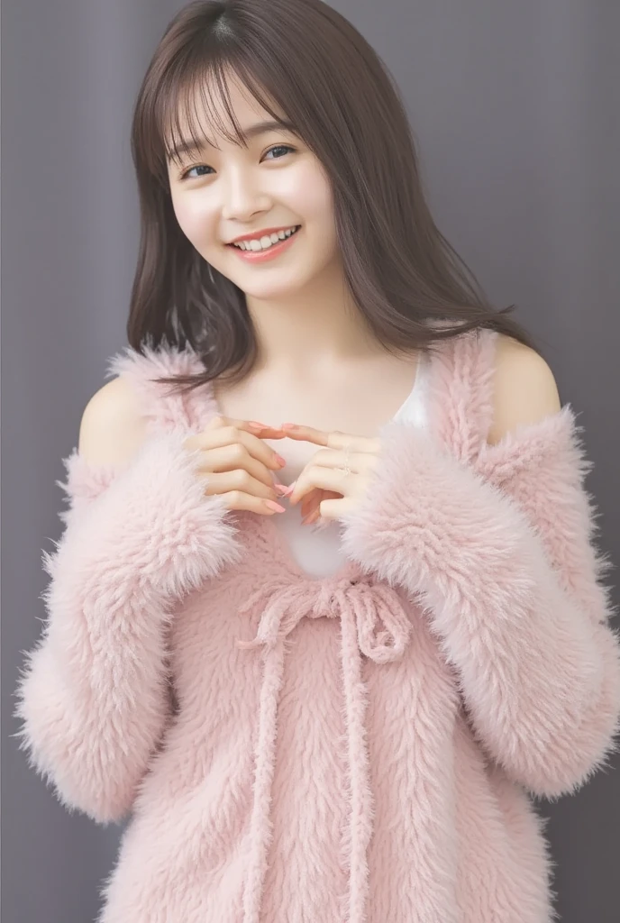 Only one woman with a cute smile wears cute, fluffy off-shoulder pajamas, makes a big heart shape with both hands, and poses them in front of her chest, View above collarbone、The background is a monotone 

