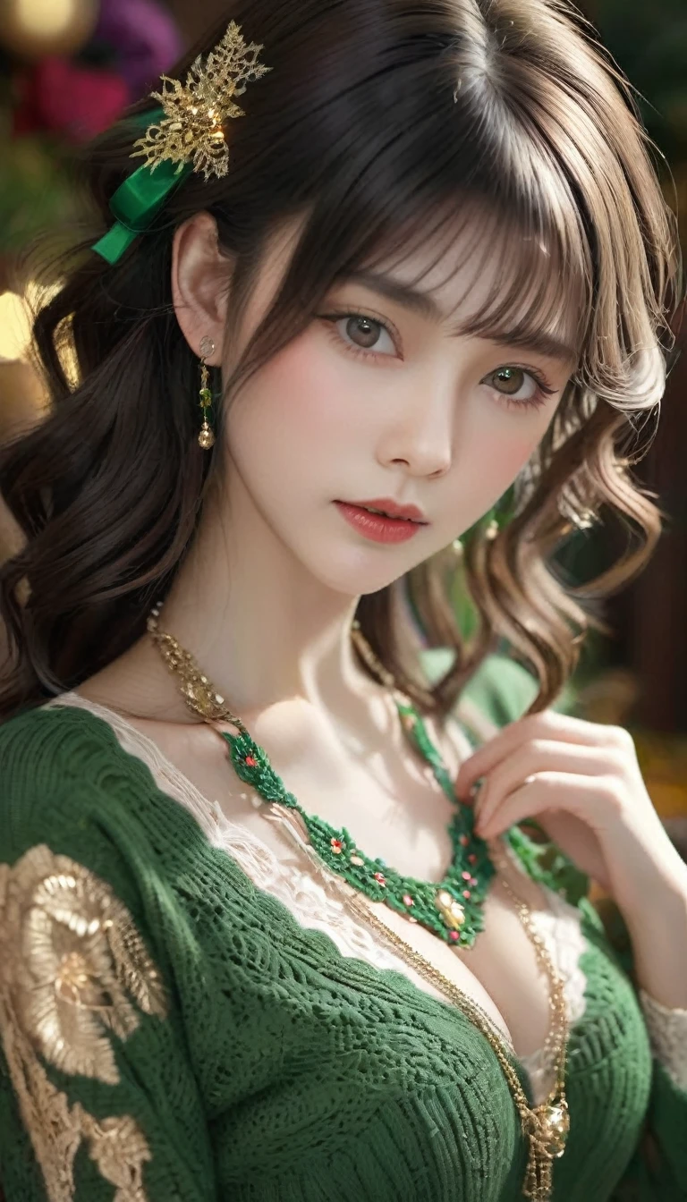 woman sitting at table with a drink in one hand, green flower in hair, elf ears, large breasts