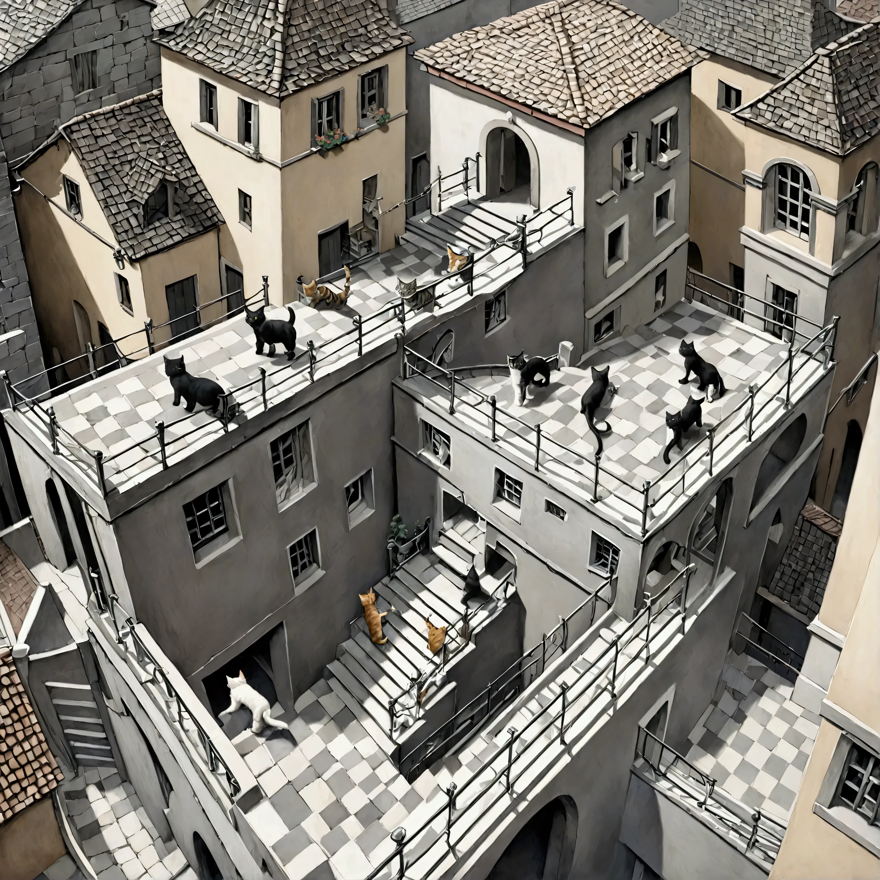 Ascending and Descending, stair made of very realistic stone, with cute cats happily walking on them, simple background, art by escher, escher, photorealistic