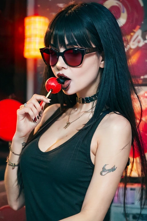 (work of art, best qualityer:1.2), 1 girl, standing alone, high qualiy raw photograph of a young (((goth girl, licking a red lollipop ,holding lollipop on hand))) , ((cut hair with bangs)), , Hot girl, sexy, sensual, vibrant neon colors, cool sunglasses, silhuette, gazing at viewer, praise, ultra HD, precise, texturized skin, super detaill, High details, high qualiy, high resolution, 1080P, 4K