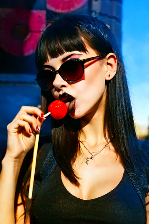 (work of art, best qualityer:1.2), 1 girl, standing alone, high qualiy raw photograph of a young (((goth girl, licking a red lollipop ,holding lollipop on hand))) , ((cut hair with bangs)), , Hot girl, sexy, sensual, vibrant neon colors, cool sunglasses, silhuette, gazing at viewer, praise, ultra HD, precise, texturized skin, super detaill, High details, high qualiy, high resolution, 1080P, 4K