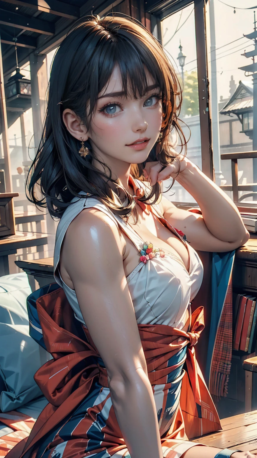 8K, Best Quality, Masterpiece, Ultra High Resolution, 1 Cyberpunk Girl wearing Harajuku tech jacket with corporate logos, Beautiful Eyes and Face Details, Masterpiece, Best Quality, Master Work, Excellent Details, High Quality Painting Details, Breath-Breathing Absolute Beauty, Collarbone, Slender Neck, Long Eyelashes, Sweet Eyes, Dynamic Angle Problem Extreme Picture Quality, Charming Smile, Glossy Lips, Supple Fair and Translucent Skin, Rich Details, Bright Colors, Strong Contrast, Soft Light Effects, Clear Outline, Streamlined, Charming smile, sparkling eyes, perfect body proportions, slender waist, large breasts, cleavage.