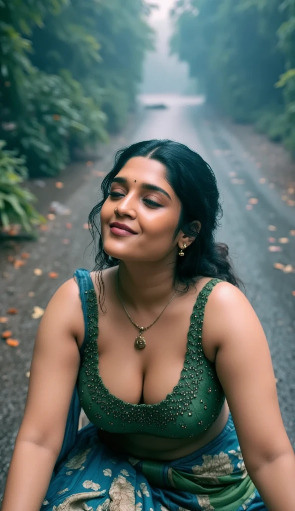 from bottom view, long shot photo of sexy indian, look at viewer and subtle smile, curvy athletic figure, open arms, sexy armpits, sweating, doing push ups in fog, ponytail, necklace, white see through lace bra, blue and green  saree with low necked blouse, glossy lips, (cinematic:1.3), intricate details, (ArtStation:1.2)