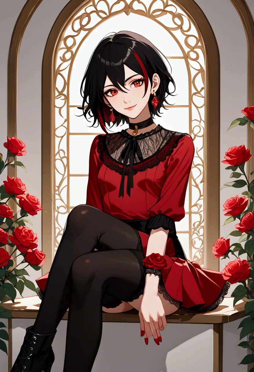 Androgynous femboy, black bob hair with red highlights, amber eyes, mole under the left eye, lined eyelashes, serene smile, slender body, flat chest, earrings in the ears, red nails, black choker, red lace blouse, red short skirt, black 3/4 socks, black boots with heels, crossdressing, crossed legs, light bulge, holding a flower, anime style.