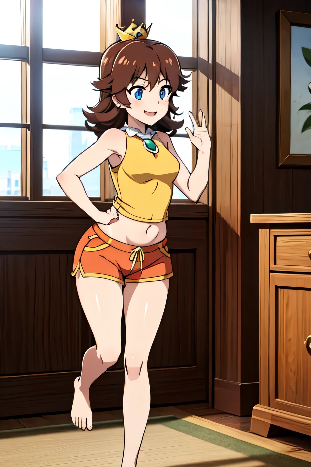  blue eyes,  　barefoot　Brown Hair　 one girl playing pranks　pinch　 yellow tank top　Orange shorts　 small breasts　  torn clothes　only　 show the sole　crown　Castle　room　Green Gem　 out of your belly button　smile　 points your butt