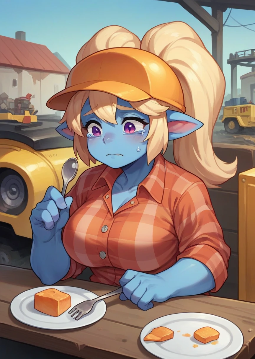  a girl, Alone,  poppy, colored skin, blonde_hair, purple_eyes,  big breasts shirt,  white builder's helmet,  orange checkered shirt, black mustache, construction, Tractor ,  sad, tears, sitting, table, Plate of food, holding spoon 