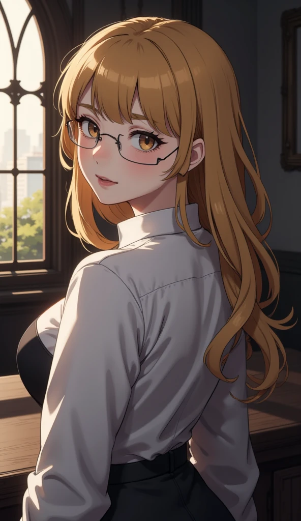 (masterpiece),(best quality), glasses, chakumomi, pov hand, breast grab, (embarrassed),sweater, in library,ginger hair