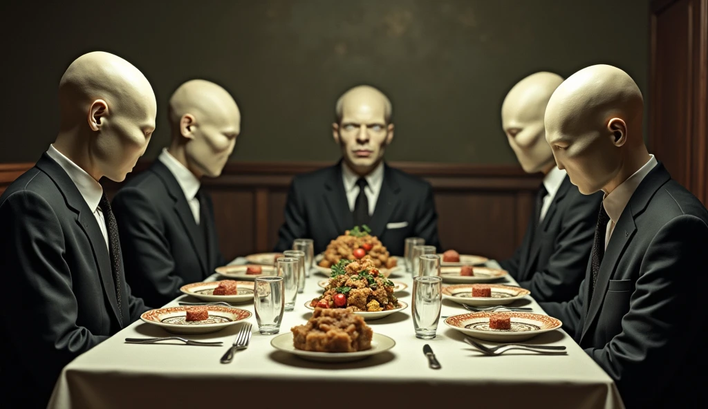Best image quality, masterpiece, several men with strange appearance, with mustaches, with long hair, with very long necks, wearing old-fashioned suits, classic outdoor garden party background, sitting around eating food, rough skin, deep wrinkles, detailed skin expression, gray skin (bleached skin), thin men, detailed image texture, eerie, horror, eerie atmosphere (not AI image), cloudy, foggy