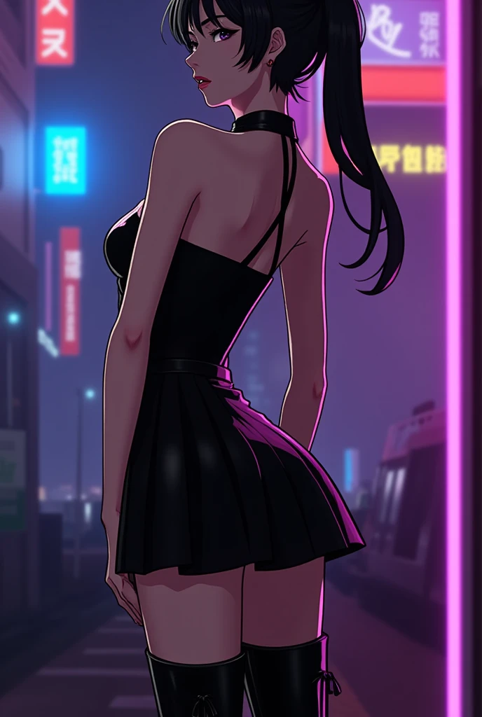 mythp0rt, anime, sideboob, Very High Boots. Yorha 2B from nier automata, wearing a latex black dress with a short pleated skirt, from side and looking at viewer, standing in a seductive pose, in a cyberpunk street with neon glow enhancing the appeal of the scene