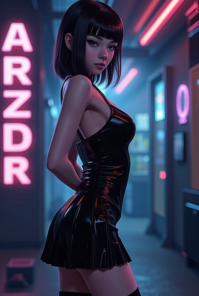 mythp0rt, anime, sideboob, Very High Boots. Yorha 2B from nier automata, wearing a latex black dress with a short pleated skirt, from side and looking at viewer, standing in a seductive pose, in a cyberpunk street with neon glow enhancing the appeal of the scene