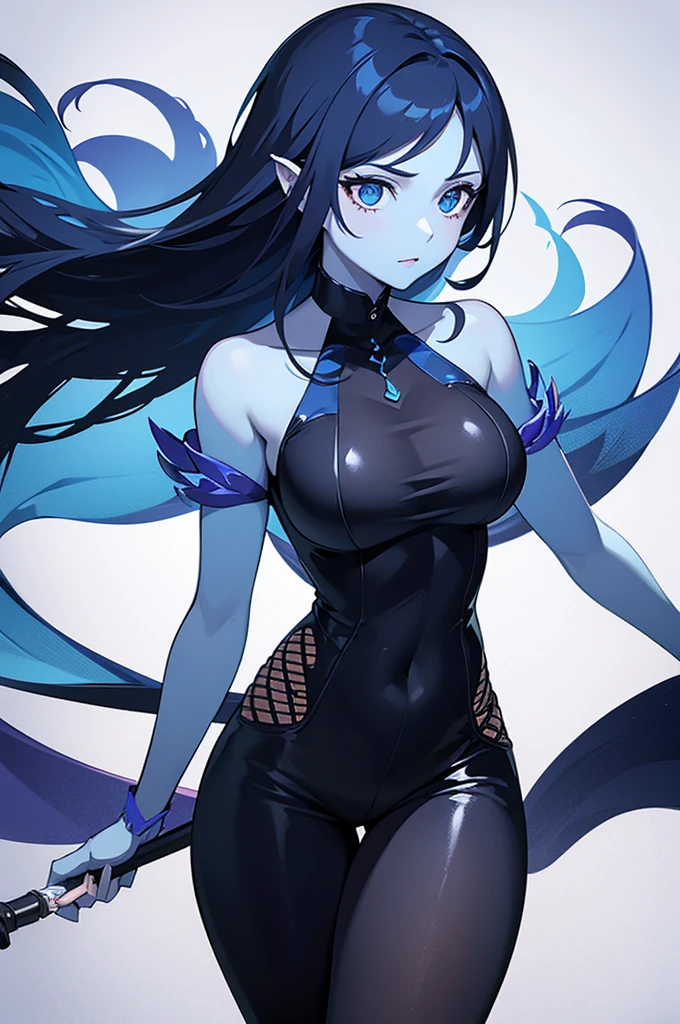 Seven Rhaeyar (Deylta), Ancient Star goddess, Perfect female anatomy (Royalty, Adult Female, 166cm in height, Cool pale skin, slim, slender, 34D breast size, Long Jet Black Hair, Gray Colored Iris , a set of Jet black colored horns with a blue highlight tint on her head), Black Katana with dragon motifs, Black rope accessories and blue rose references. Simple Background, receiving light from the front, Ethereal glow, Japanese inspired,