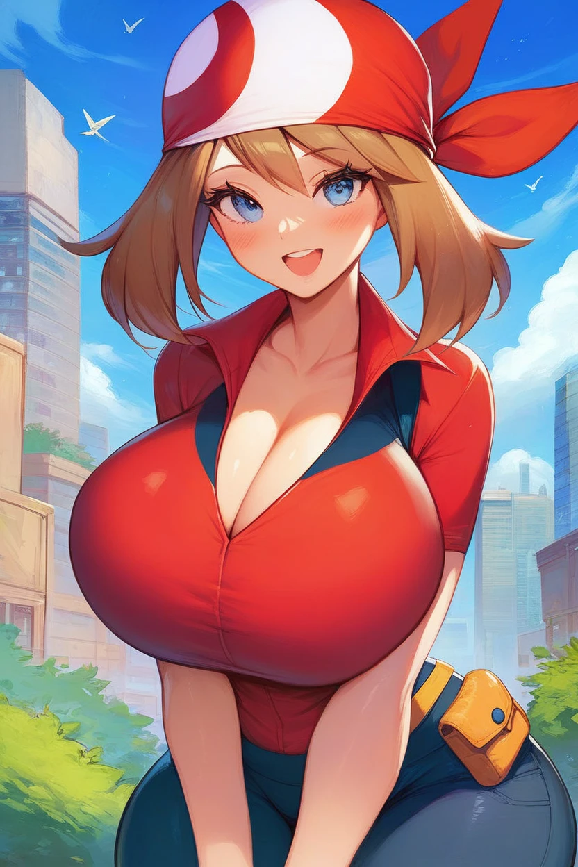 score_9, score_8_up, score_8, 1girl (curvy), cute, eyelashes,       zzMay, huge breasts, looking at viewer, blush, open mouth, bangs, shirt, short sleeves, city, sky, day, collared shirt, cloud, smile, arms together, tree, eyelashes, red shirt, bandana, bush, official style, red bandana,  embedding:zPDXL, huge boobs, busty, curvy, thicc thighs, busty cleavage ,massive boobs busting out of top, deep cleavage