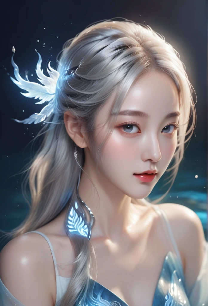 ( Masterpieces ,  measurements, best quality,  official art,  Beauty and Splendor:1.2), Pretty Chinese , Silver hair, Phoenix, a beautiful white girl with water magic all around her,  Realistic illustration ,  glow , 