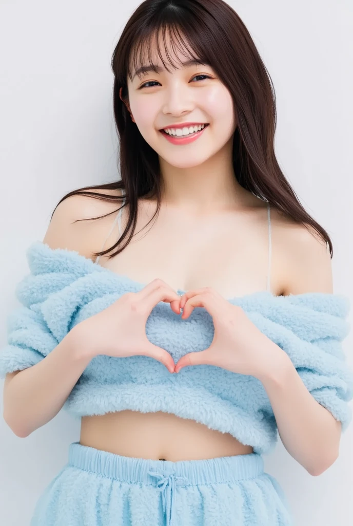 Only one woman with a cute smile wears cute, fluffy off-shoulder pajamas, makes a big heart shape with both hands, and poses them in front of her chest, View above collarbone、The background is a monotone 

