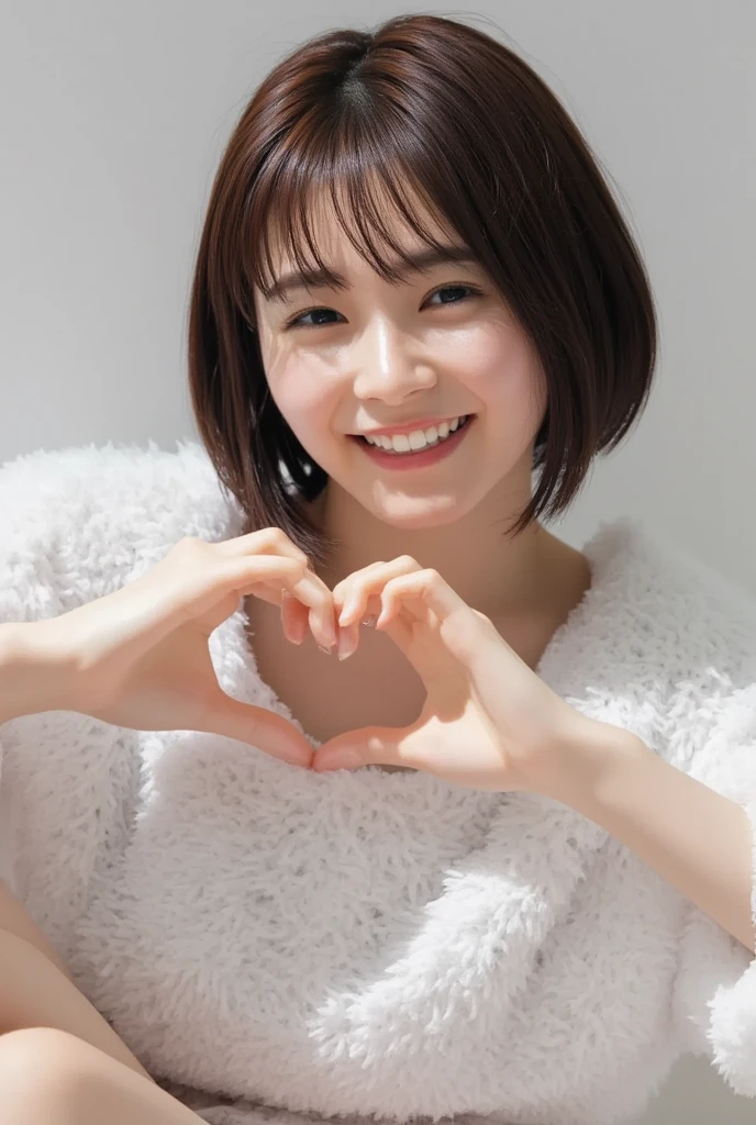 Only one woman with a cute smile wears cute, fluffy off-shoulder pajamas, makes a big heart shape with both hands, and poses them in front of her chest, View above collarbone、The background is a monotone 

