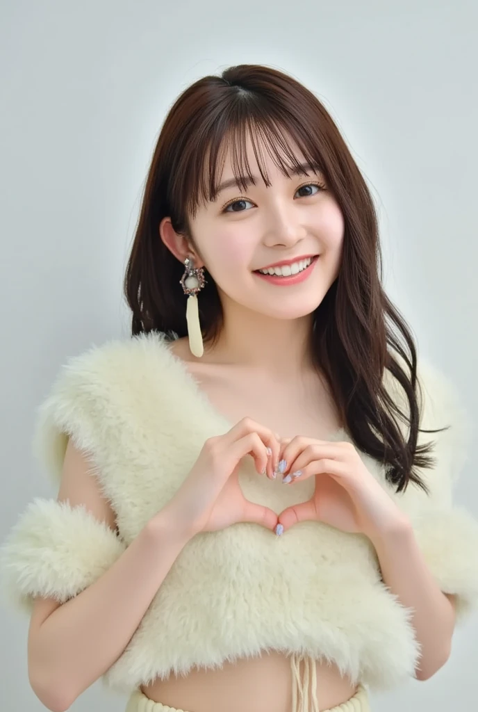 Only one woman with a cute smile wears cute, fluffy off-shoulder pajamas, makes a big heart shape with both hands, and poses them in front of her chest, View above collarbone、The background is a monotone 

