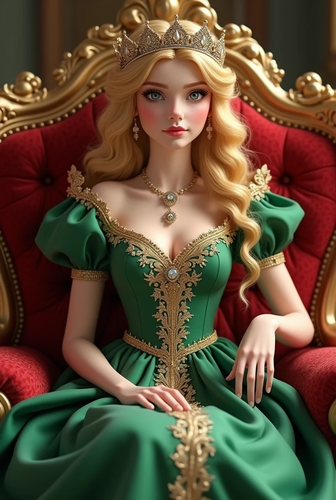 girl blonde blue eyes in green princess dress she is sitting in a princess chair the princess dress spread around the chair she is looking at the viewer