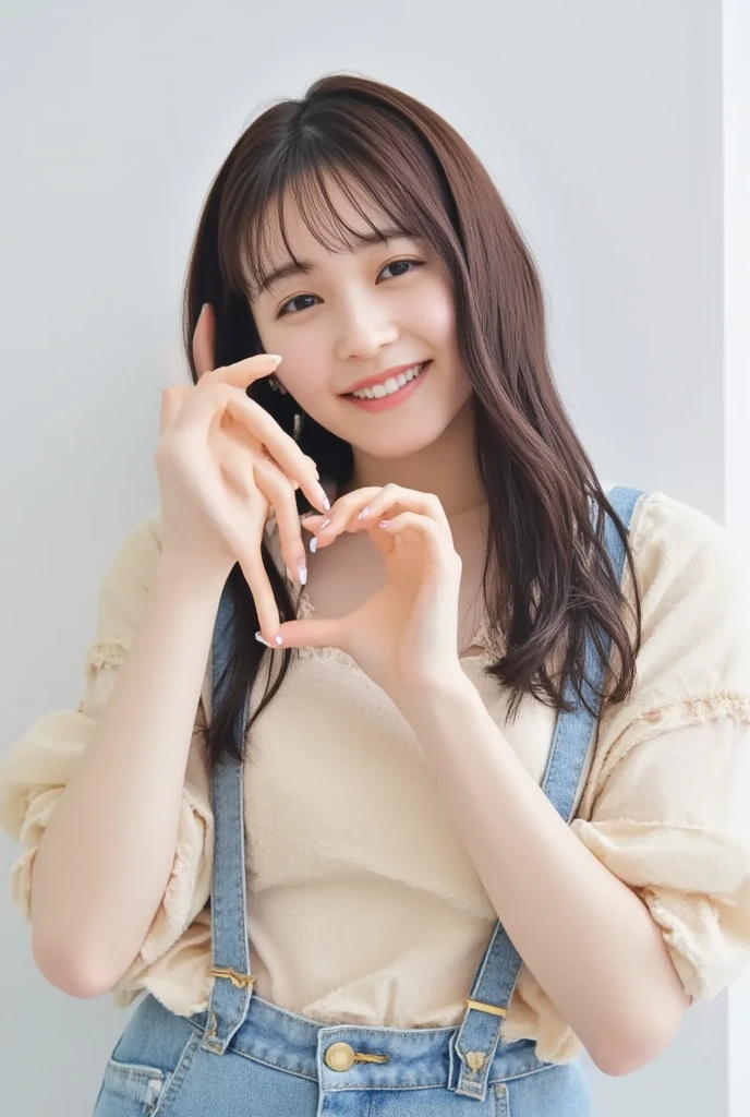 Only one woman with a cute smile wears cute, fluffy off-shoulder pajamas, makes a big heart shape with both hands, and poses them in front of her chest, View above collarbone、The background is a monotone 

