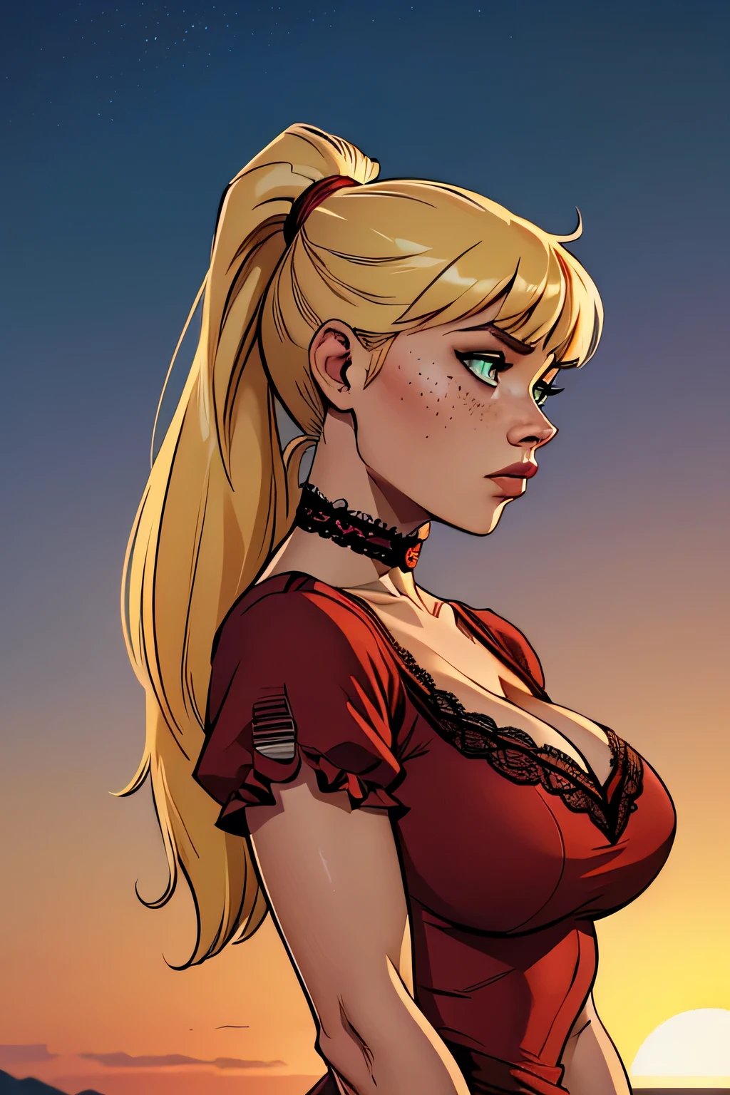 ( Absurd, high quality , Ultra Detailed, watch out for your hand ) close up of a thin and athletic woman (Scarlett Final Fantasy), 25 years, 8k (( high definition )), thoughtful expression, seductive look, green eyes, nose fine, wearing a red dress (( lace V-neckline, short sleeves, choker )), thin waist, arms positioned on the sides of the body , pele caucasiana, long blond hair (( with ponytail and bangs )), standing (( upper body, Side view )), with freckles on the chest and neck, (( large round breasts )). Marvel style (( high quality )), sunset at the bottom .