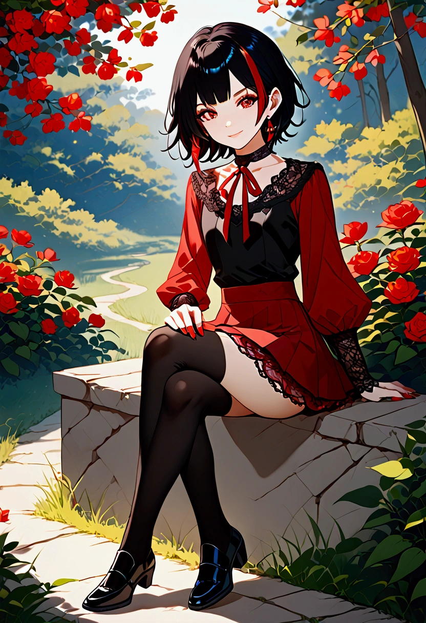 Androgynous femboy, black bob hair with red highlights, amber eyes, mole under the left eye, lined eyelashes, serene smile, slender body, flat chest, earrings in the ears, red nails, black choker, red lace blouse, red short skirt, black 3/4 socks, black boots with heels, crossdressing, crossed legs, light bulge, holding a flower, anime style.