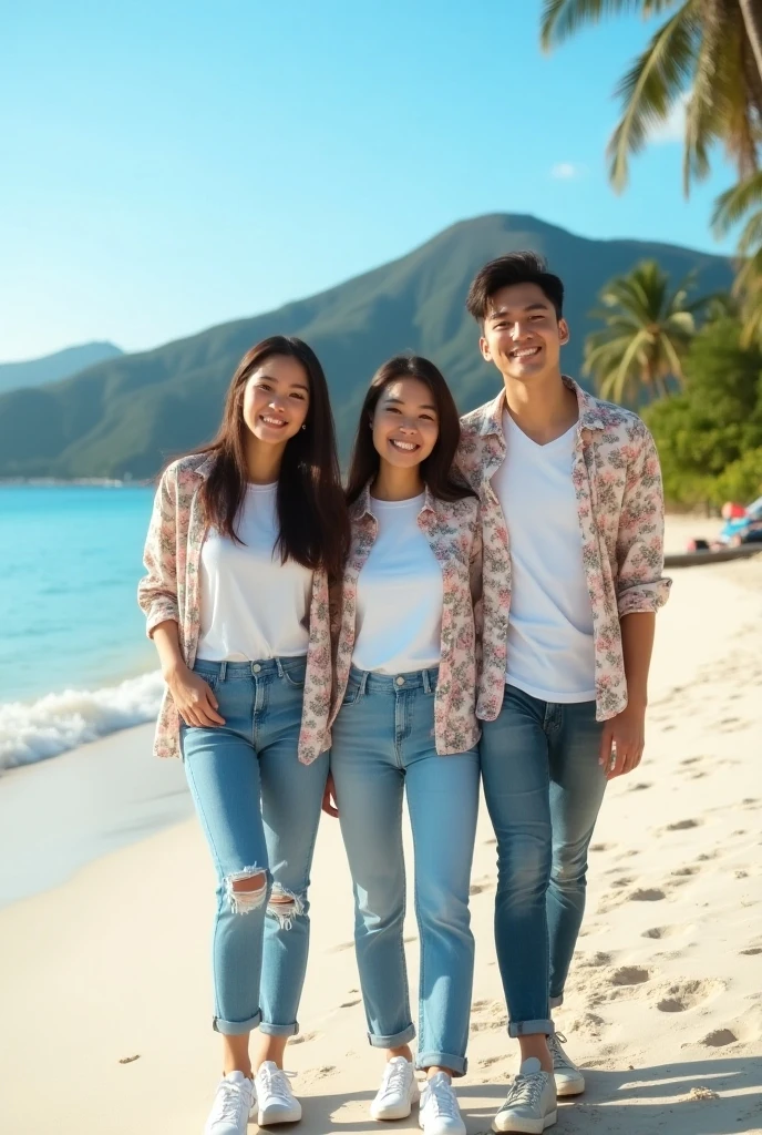 Old photo from the past, black and white photo, high resolution, male model, , 2 meters tall, three people looking smiling and close to each other, Chinese descent, white skin, tall, wearing summer clothes. Clothes that fit well Everyone raised their phones and took pictures. The background is a beach, beautiful sea, white sand, realistic picture.