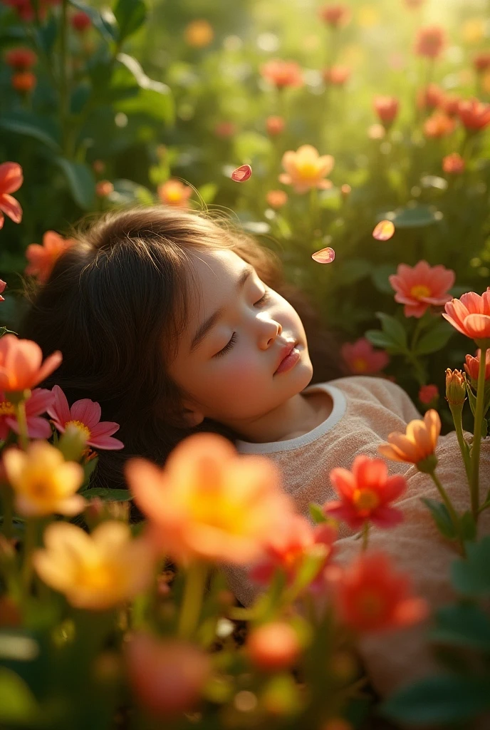 Macro shot of A tiny in a Thai costume is hanging from a tree branch, sleeping, her hands covering her chest, her shirt off, water drops clinging to her body, close-up, high-resolution, realistic, cinematic lighting, warm tones, 8k, masterpiece.