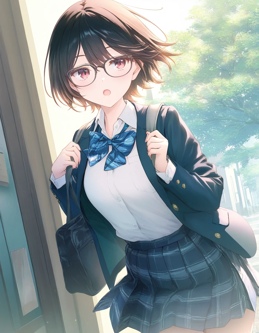 1girl, little female, school uniform, short hair, beautiful breasts, glasses, jitome, open mouth, outdoors,wind, game CG break,((artist:shida_kazuhiro)),(artist:mitsumi_misato),(artist:fujiyama),,(masterpiece), (best quality), (ultra-detailed), very aesthetic, newest, beauty illustration,super detailed skin,  (masterpiece), (best quality), (ultra-detailed), very aesthetic, ,hi res,absurd_res,2023,2024,shaded,digital media (artwork), realistic lighting, 4k, 8k,