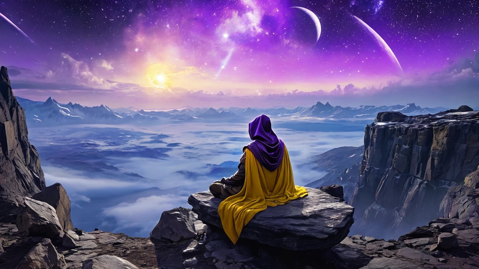 arcan3styl3v1, masterpiece, highcontrast, A jedi master with a ((yellow (old  ragged, cloak, hood, cape)) sitting on rock meditating, top of the mountain, clouds, top view,  star wars landscape.  yellow cloth under the cape blue and purple, night time, space, stars, various moons, and planets, purple aurora boreal in the sky, no face, view his back from the sides, panoramic