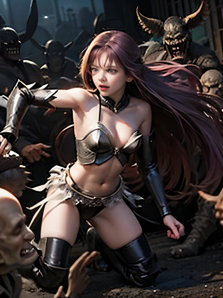 Best Quality、torture、 slave、Constraints、BDSM、Captured by a monster、Surrounded by monsters、defeat、 beautiful woman with very long purple hair、Full of wounds、tattered white armor（Small breasts、 cleavage、 off shoulder、Sleeveless、No elbow pads、belly button、 high leg、Exposed thighs）、White Armor Boots、Beautiful woman with very long purple hair 、 Tears Overflow 、 frightened expression 、run away、Attacked by monsters 1:5、Many violent monsters 1:5、Monster grabs arm.　Monster attacks from behind、Monster grabs the leg、Monster Swarm 1:5、midnight、 Darkness、Different world、 dark fantasy、Pitch Black Hell