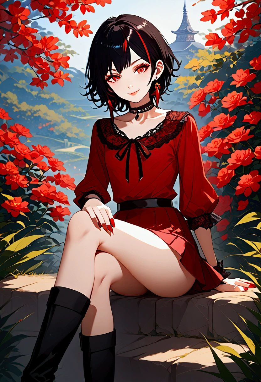 Androgynous femboy, black bob hair with red highlights, amber eyes, mole under the left eye, lined eyelashes, serene smile, slender body, flat chest, earrings in the ears, red nails, black choker, red lace blouse, red short skirt, black 3/4 socks, black boots with heels, crossdressing, crossed legs, light bulge, holding a flower, anime style.