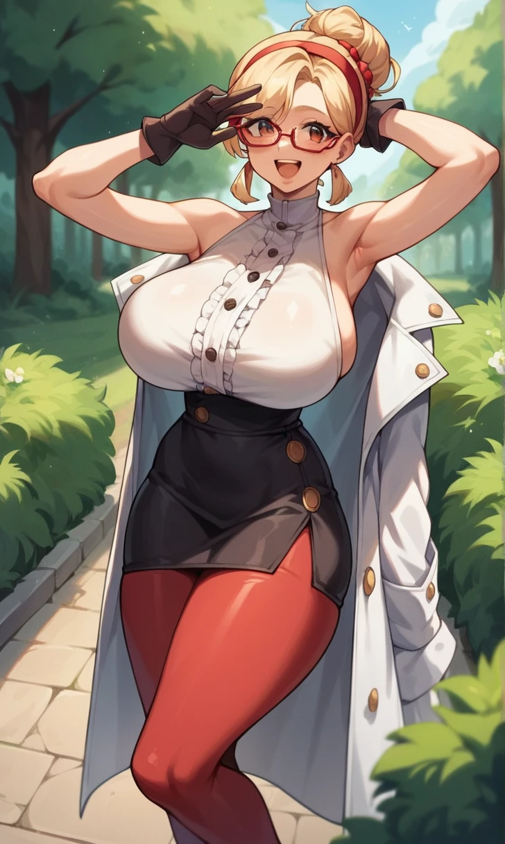 score_9, score_8_up, score_7_up, score_6_up, score_5_up, score_4_up, (source_anime), purah,
1girl,  huge breasts, narrow waist, thick thighs,  hair ornament, red headband, red glasses, sleeveless shirt, white coat, black skirt, red leggings, gloves, high heels, outdoors, happy,