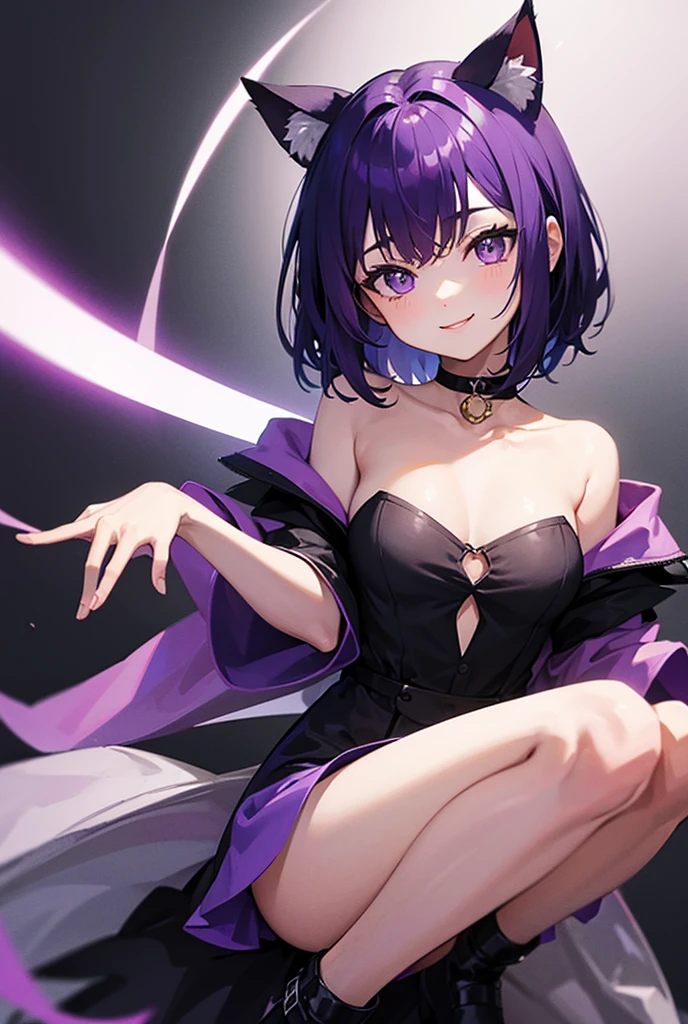 Girl with short purple hair in pink dress, beautiful advanced background in purple color, Ultra-high image quality, looks away from the camera