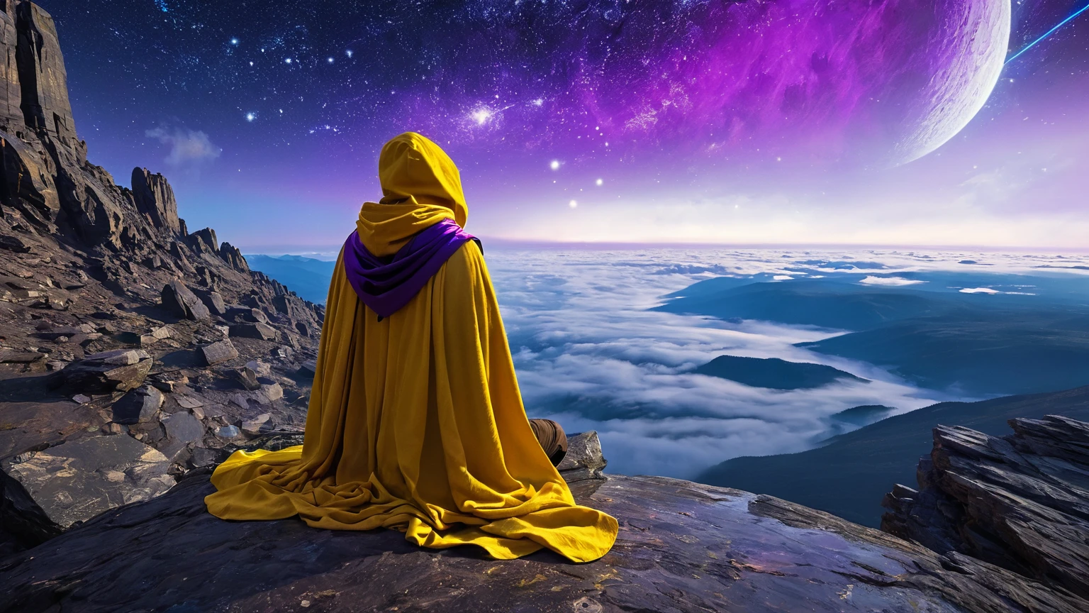 arcan3styl3v1, masterpiece, highcontrast, A jedi master with a ((yellow (old  ragged, cloak, hood, cape)) sitting on rock meditating, top of the mountain, clouds, top view,  star wars landscape.  yellow cloth, under the cape blue and purple, night time, space, stars, various moons, and planets, and stars and comet, purple aurora boreal in the sky, no face, view from his back from the sides, panoramic