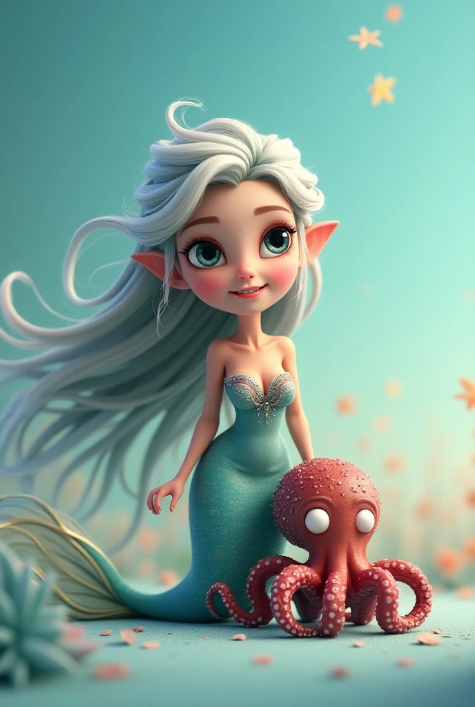 Caricature: A whimsical and artistic depiction of a very elderly 90 year old mermaid lying on a rock in the ocean. She is smiling broadly. The mermaid has long hair that flutters in the breeze. The mermaid is positioned as if she is lying 3/4, belly down on the rock-rock. The scene takes place against a beautiful blue sky. The mermaid is surrounded by various elements, pebbles, seaweed, strong and large splashes from the waves. Disney Pixar cartoon style. Blurred background. Light haze.