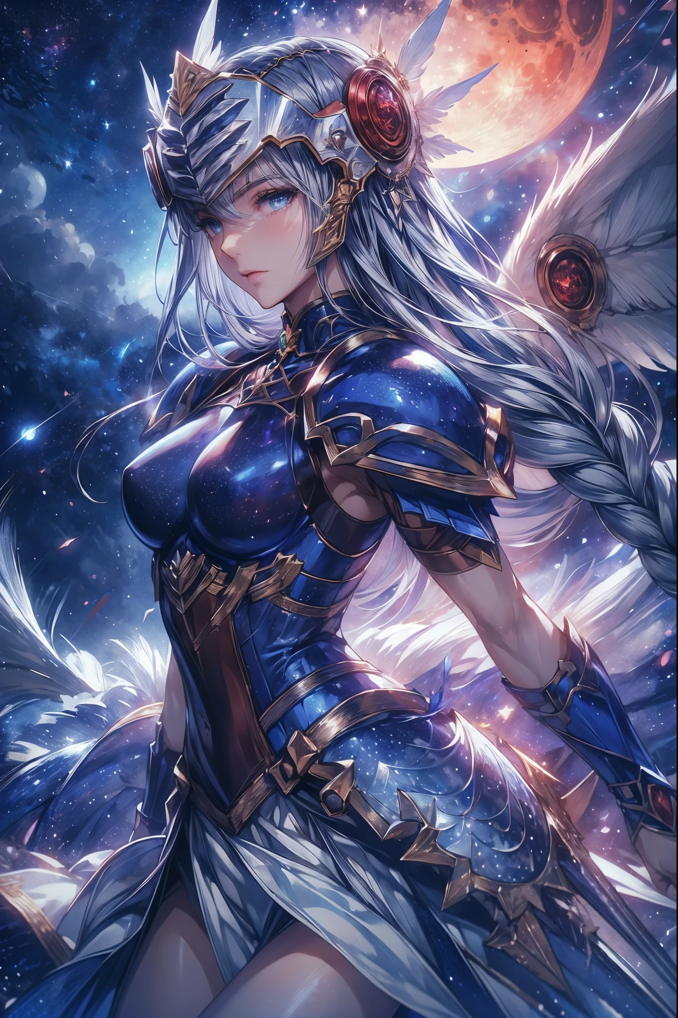score_9, score_8_Excellent, score_7_Excellent, A 32K ((Best Quality)),( super high definition),(Super detailed),( detailed depiction )((Highly detailed CG integration))),Maxi Kit, Full Body Shots ,break,whole body, Angel Wings, hair with dazzling highlights , braided hair,, detailed face,( dark blue eyes:1.4, Round Eyes, beautiful eyelashes )), Clear Eyes , detailed eyes on board,Beautiful Skin,Angel Wingsと剣を手にしたの女の子, Grey Hair(( super real , Dynamic action poses with vivid 3D )),(Realistic) , combat scenes equipped with giant silver swords,Shiny blue armor ,Decorative blue armor, The center of the belly is made of leather and color 、 armored dress , ( silver helmet with red jewels 1.6),(Blue Armor 1 with No Exposed Skin .3),Blue shoulder brace , Blue Gauntlets, blue lower back armor 、White Skirt, blue shin guard ,Sheath on the left waist , ( (Dynamic action poses for :1.6)), ((Dramatic Graphic Background: starry sky ,Giant Moon、 beautifully detailed backgrounds ,Moon and star background ,Night Sky)),Pale white lighting , (solo:1.6 )