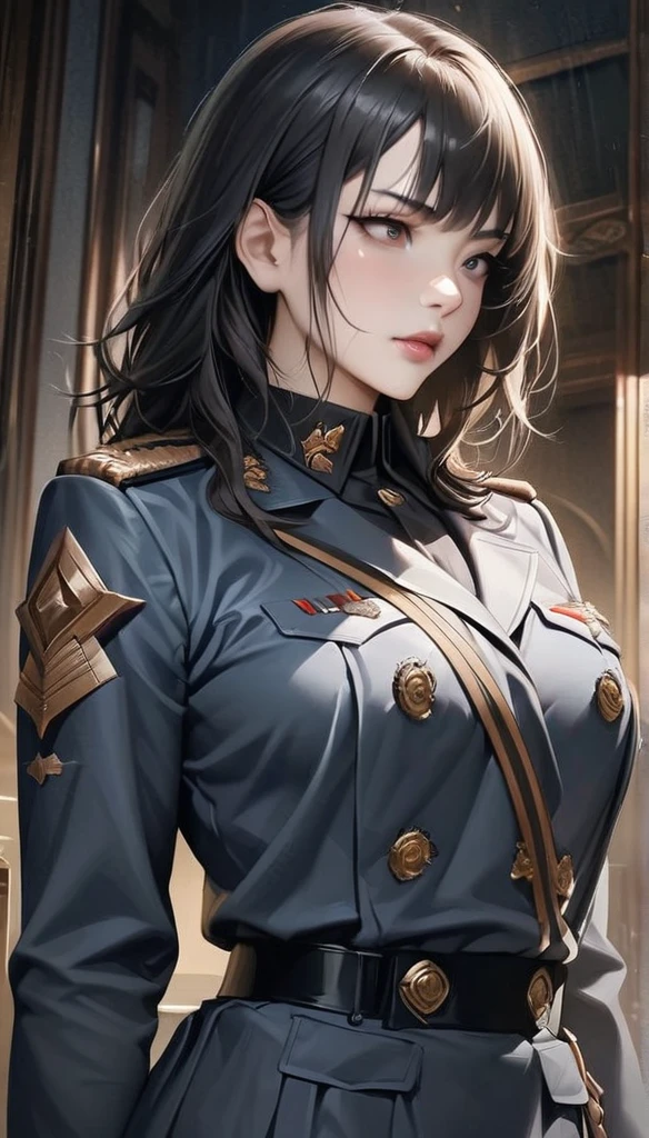 ( Highest resolution , unique_image)  best quality, Singles,  a woman,  alone, masterpiece,  Very detailed, Semi-realistic,  short black hair ,  dark hair ,  bangs, 18 years old,  mature, light blue military uniform, military uniform, Indoor background, Mild, authority, Powerful,  Exquisite facial features ,  Exquisite facial features 