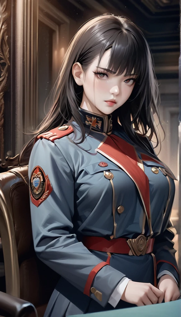 ( Highest resolution , unique_image)  best quality, Singles,  a woman,  alone, masterpiece,  Very detailed, Semi-realistic,  short black hair ,  dark hair ,  bangs, 18 years old,  mature, light blue military uniform, military uniform, Indoor background, Mild, authority, Powerful,  Exquisite facial features ,  Exquisite facial features 