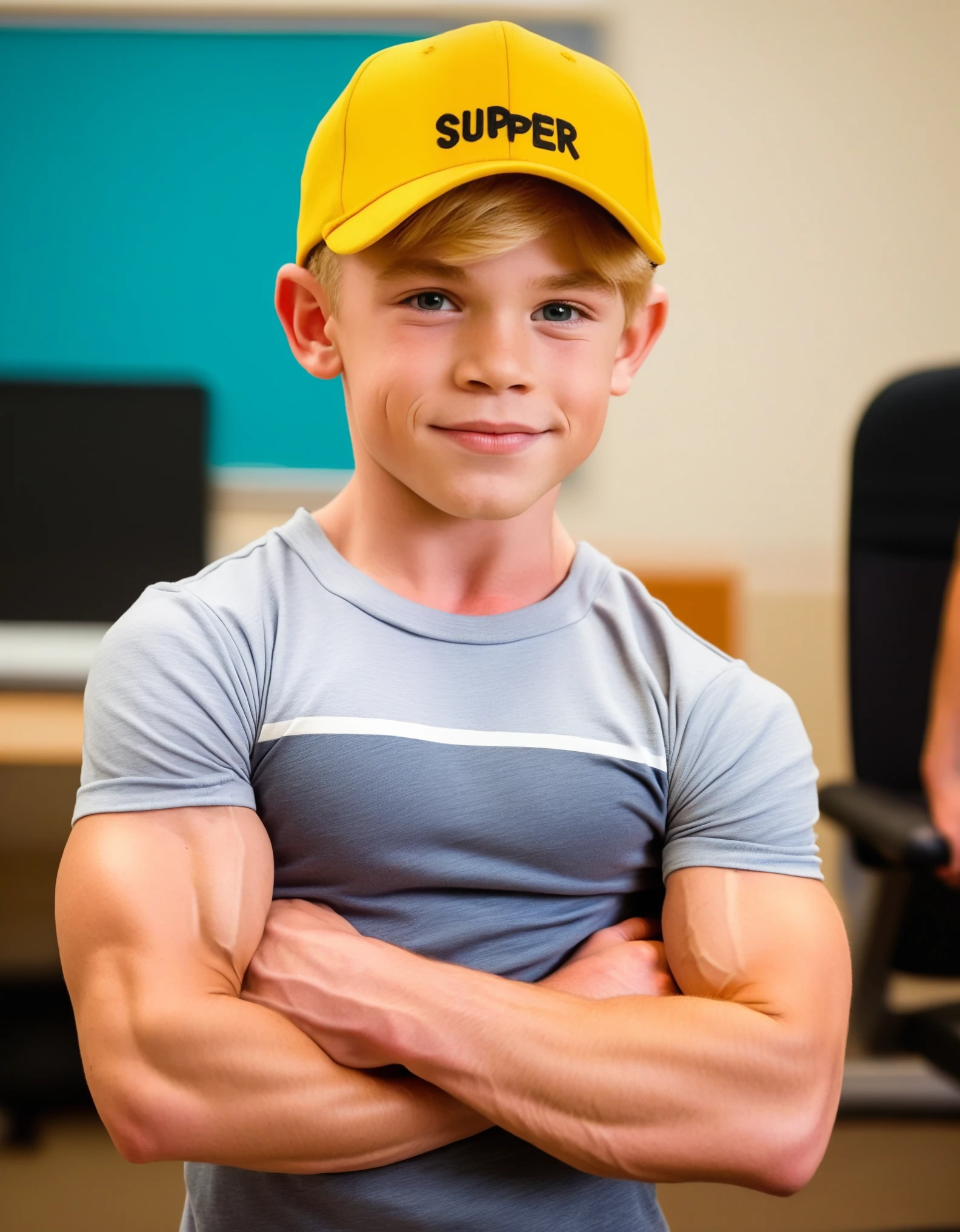 A photo of a super dumb young  male teenager bodybuilder Innocent face idiot expression super muscular blonde redhead handsome dumb face roided giant muscles full kindergarten  classroom wearing a super tight shirt tight biceps flexing giant ever muscles erect cock penis pale tattooed baseball cap smirk **ddler
