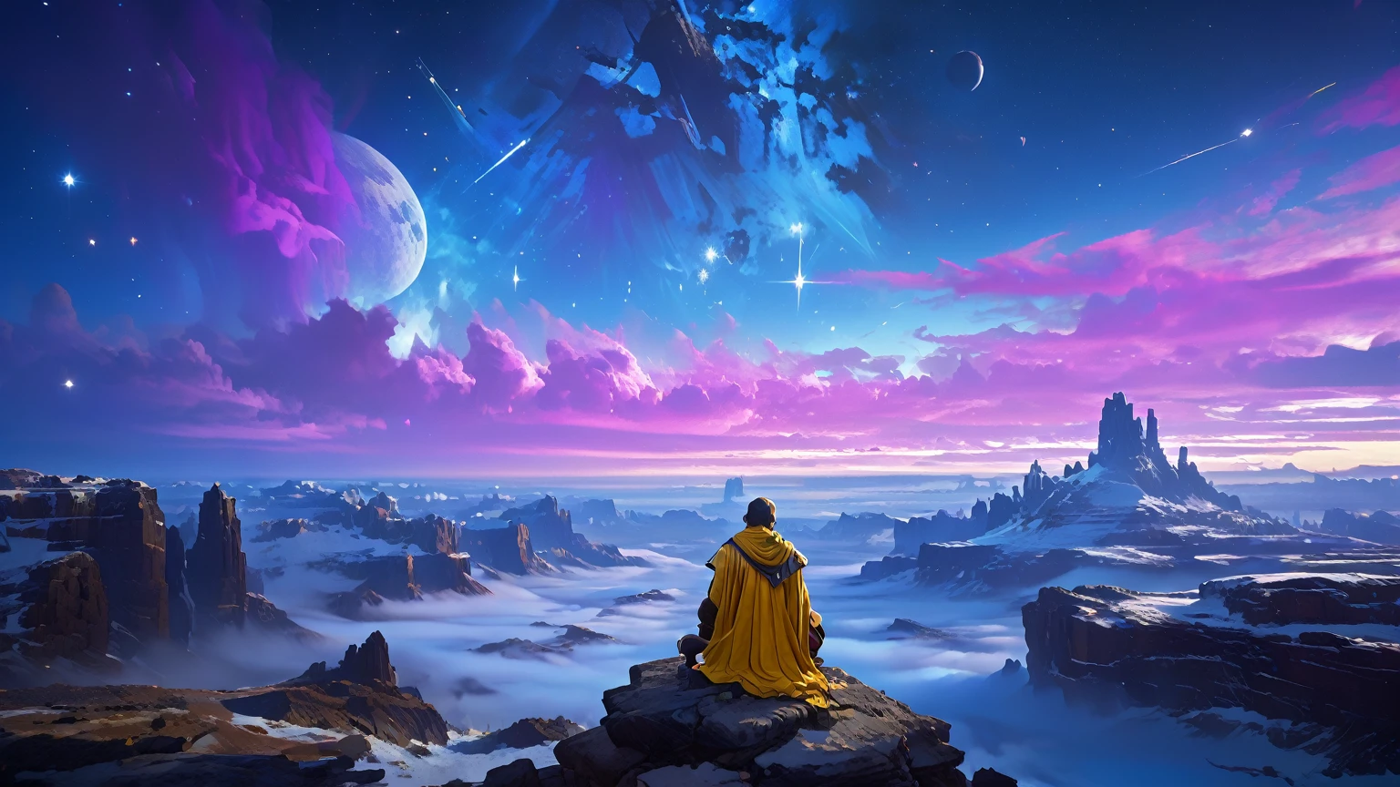 arcan3styl3v1, masterpiece, highcontrast, A jedi master with a ((yellow (old  ragged, cloak, hood, cape)) sitting on rock meditating, top of the mountain, clouds, top view,  star wars landscape.  yellow cloth, under the cape blue and purple, night time, space, stars, various moons, and planets, and stars and comet, purple aurora boreal in the sky, no face, view from his back from the sides, panoramic