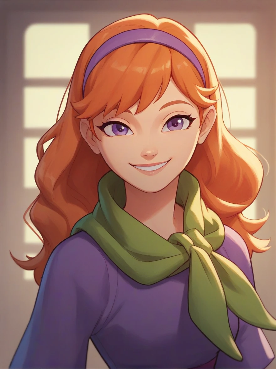 daphneb, 1girl, solo, long hair, hairband, orange hair, purple dress, purple eyes, green scarf, smile, pink pantyhose, cowboy shot, upper body,  smile, looking at viewer, score_9, score_8_up, score_7_up, score_6_up, score_5_up, score_4_up