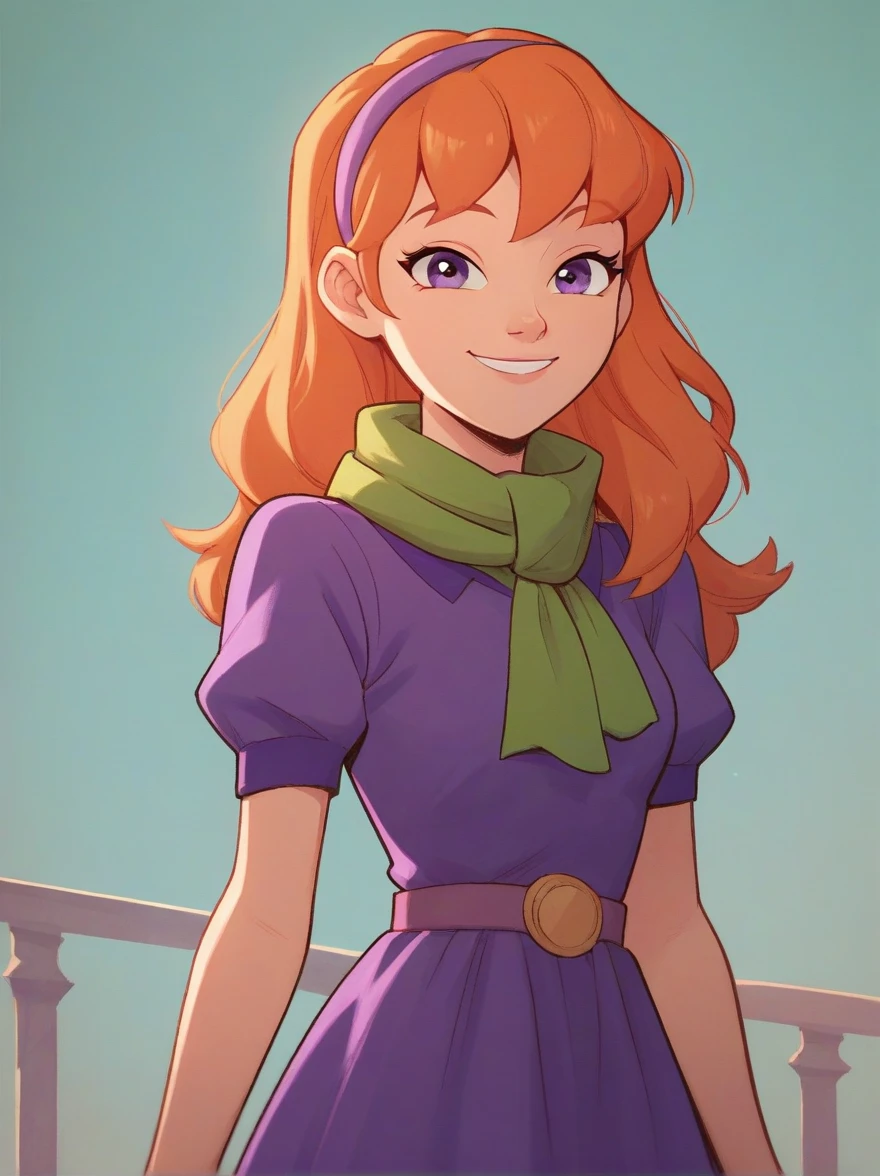 daphneb, 1girl, solo, long hair, hairband, orange hair, purple dress, purple eyes, green scarf, smile, pink pantyhose, cowboy shot, upper body,  smile, looking at viewer, score_9, score_8_up, score_7_up, score_6_up, score_5_up, score_4_up