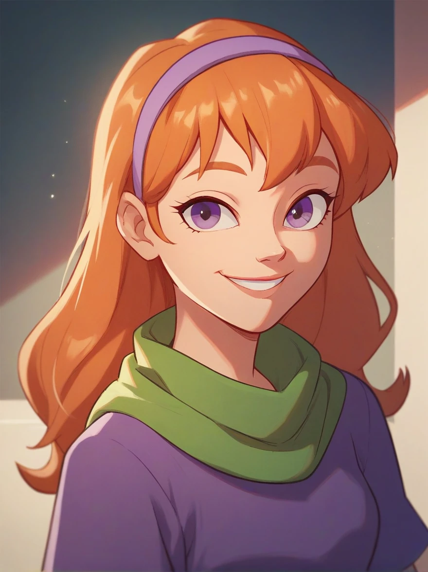 daphneb, 1girl, solo, long hair, hairband, orange hair, purple dress, purple eyes, green scarf, smile, pink pantyhose, cowboy shot, upper body,  smile, looking at viewer, score_9, score_8_up, score_7_up, score_6_up, score_5_up, score_4_up