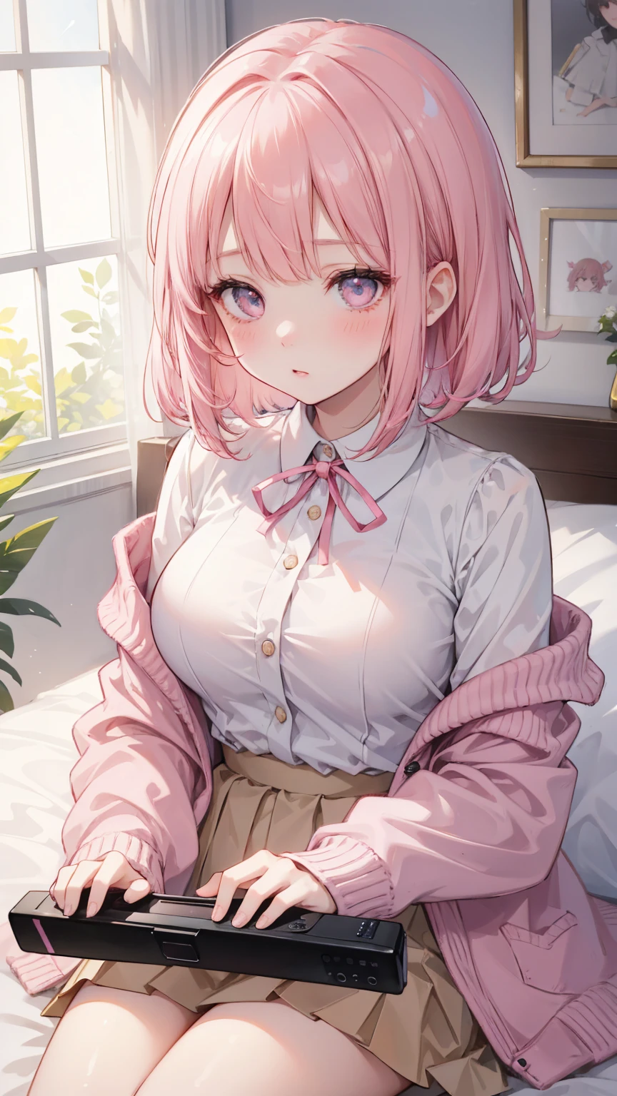  Girl lying in bed ， Pink short hair，With bangs ，   Her lower body wears a brown pleated skirt   。  She has medium length hair   ，  with a ribbon around his neck  ，   holding a game console and controller in one hand   ，Holding potato chips in the other hand。   Her open jacket reveals the white dress inside the child 。   creating an intimate and magnetic connection   ，   Her eyes are bright pink   ，   Her cheeks have a sweet blush   。   Her hair accessories are decorated with pink ribbons   ，  to attract attention ，  above the neckline of her shirt , You can see medium   。Tight Frame ，   This captures her intimate posture and playful attitude   。