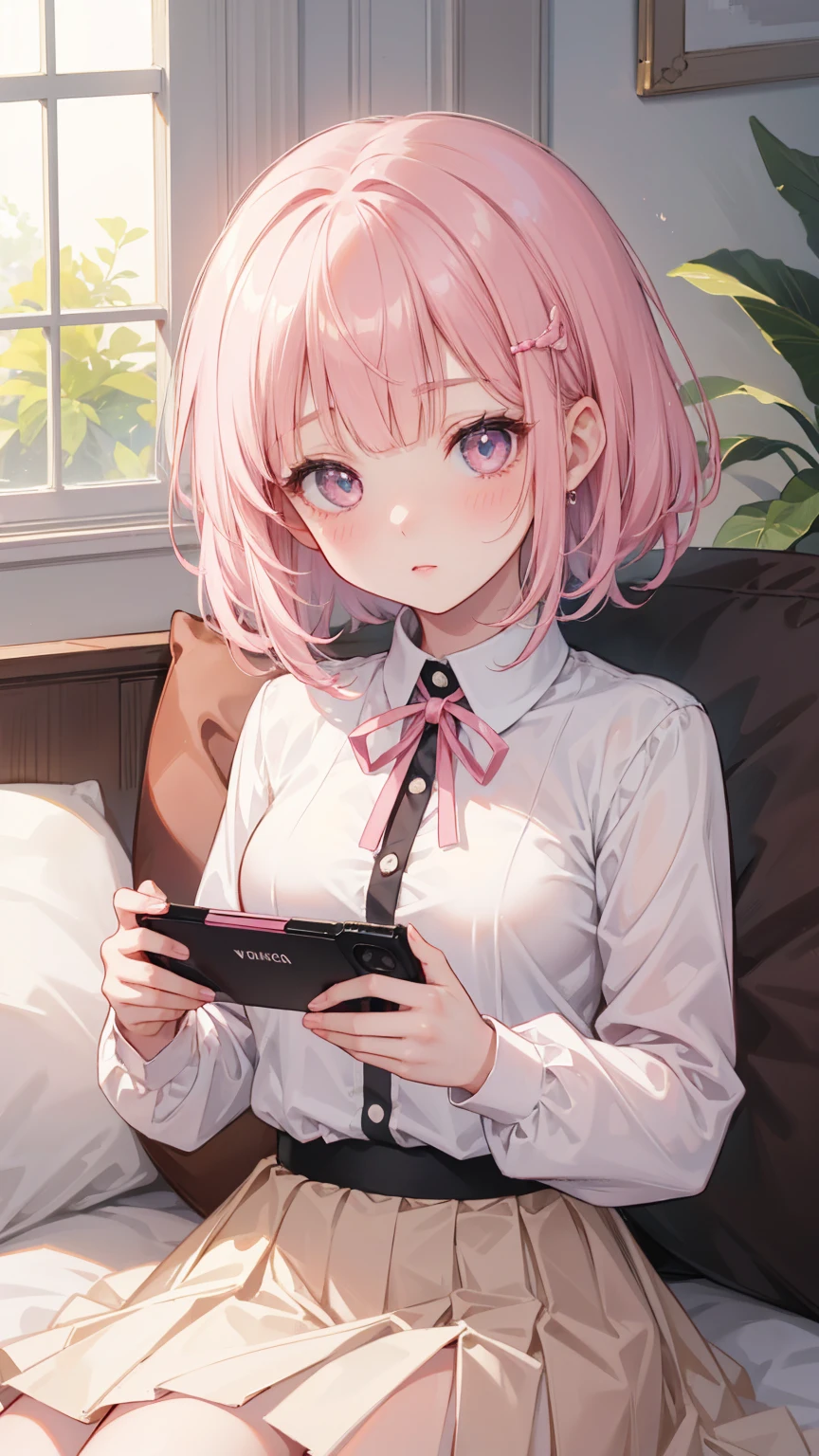  Girl lying in bed ， Pink short hair，With bangs ，   Her lower body wears a brown pleated skirt   。  She has medium length hair   ，  with a ribbon around his neck  ，   holding a game console and controller in one hand   ，Holding potato chips in the other hand。   Her open jacket reveals the white dress inside the child 。   creating an intimate and magnetic connection   ，   Her eyes are bright pink   ，   Her cheeks have a sweet blush   。   Her hair accessories are decorated with pink ribbons   ，  to attract attention ，  above the neckline of her shirt , You can see medium   。Tight Frame ，   This captures her intimate posture and playful attitude   。