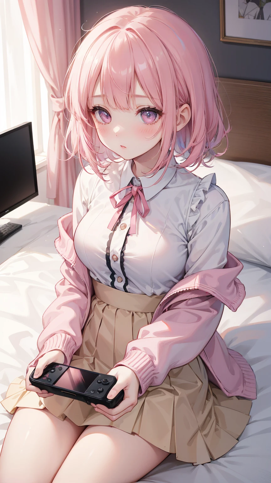  Girl lying in bed ， Pink short hair，With bangs ，   Her lower body wears a brown pleated skirt   。  She has medium length hair   ，  with a ribbon around his neck  ，   holding a game console and controller in one hand   ，Holding potato chips in the other hand。   Her open jacket reveals the white dress inside the child 。   creating an intimate and magnetic connection   ，   Her eyes are bright pink   ，   Her cheeks have a sweet blush   。   Her hair accessories are decorated with pink ribbons   ，  to attract attention ，  above the neckline of her shirt , You can see medium   。Tight Frame ，   This captures her intimate posture and playful attitude   。