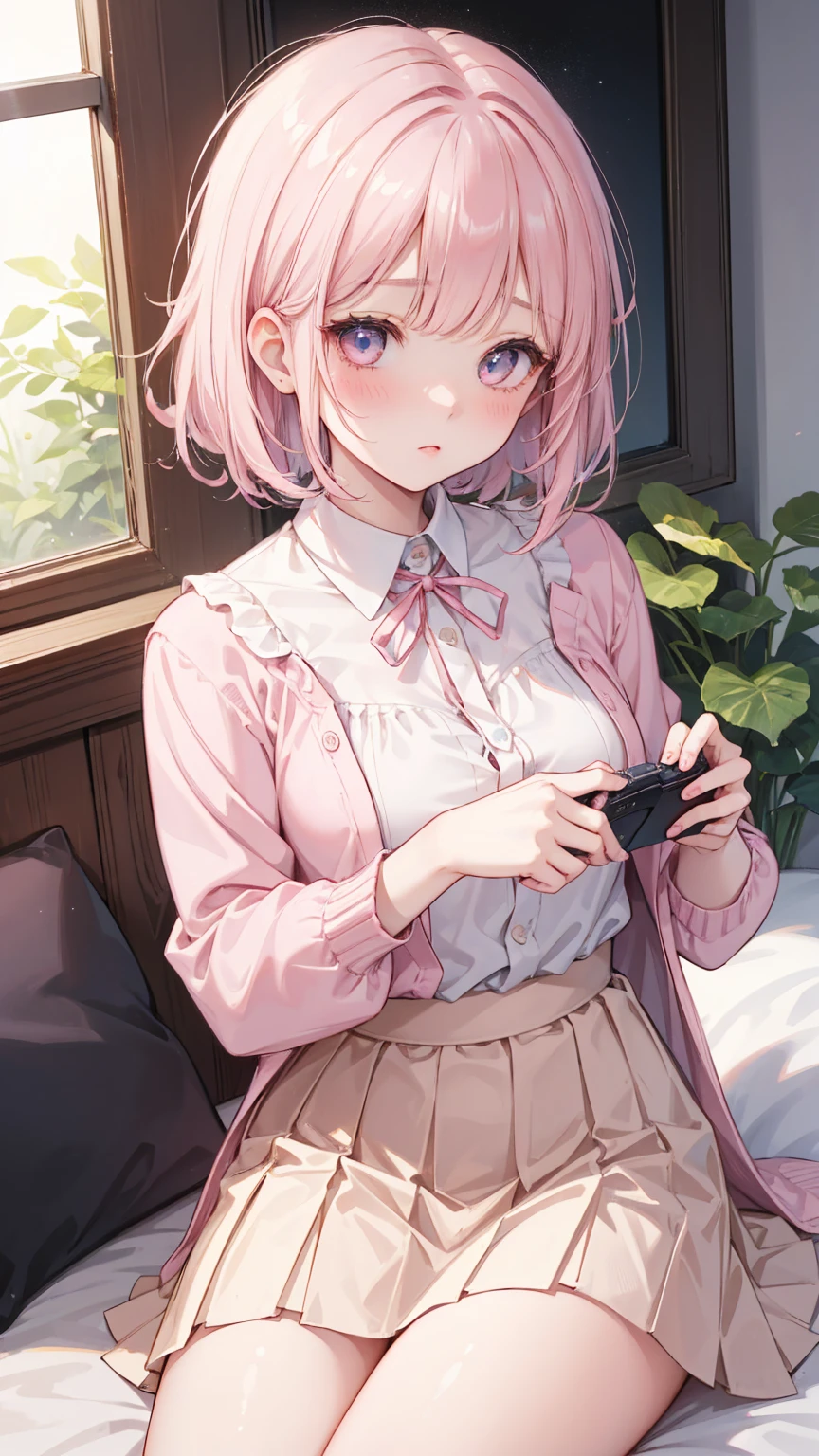  Girl lying in bed ， Pink short hair，With bangs ，   Her lower body wears a brown pleated skirt   。  She has medium length hair   ，  with a ribbon around his neck  ，   holding a game console and controller in one hand   ，Holding potato chips in the other hand。   Her open jacket reveals the white dress inside the child 。   creating an intimate and magnetic connection   ，   Her eyes are bright pink   ，   Her cheeks have a sweet blush   。   Her hair accessories are decorated with pink ribbons   ，  to attract attention ，  above the neckline of her shirt , You can see medium   。Tight Frame ，   This captures her intimate posture and playful attitude   。